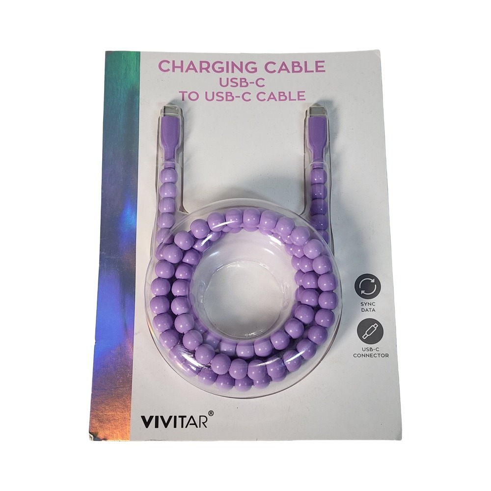 Vivitar Purple Beaded USB-C to USB-C‎ Charging Cable 3ft Sync Data Cord